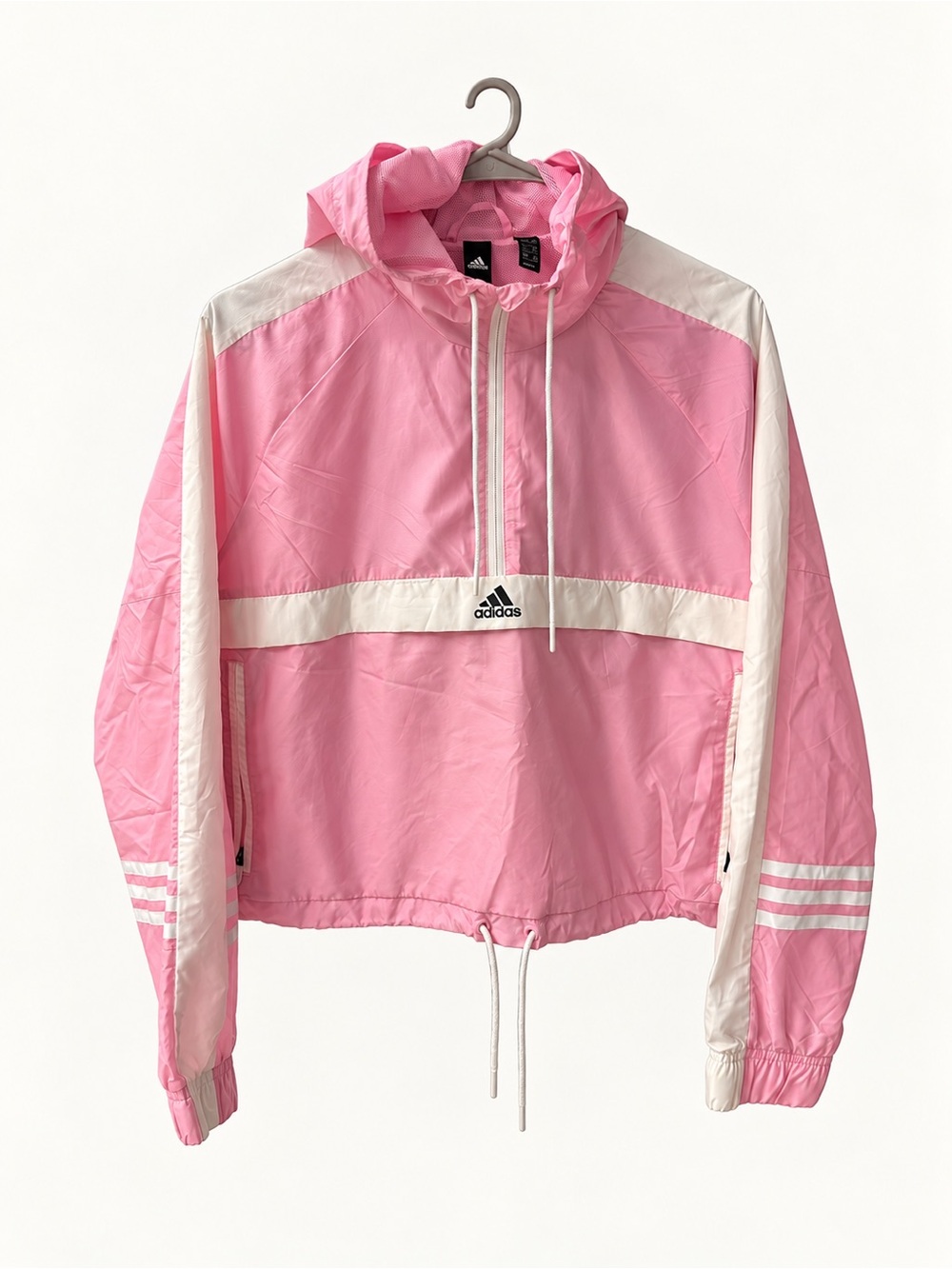 adidas Pink and White Hooded Cropped Anorak Windbreaker